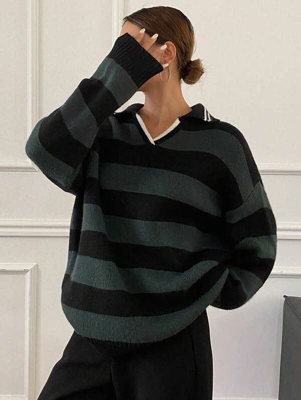 DAZY Loose Stripe Pattern Embroidery Long Sleeve Sweater For Women