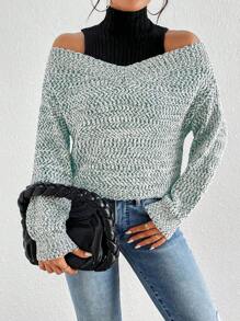 SHEIN LUNE Women's Casual Open Shoulder Pullover 2 In 1 Sweater, Minimalist Design For Daily Wear Knit Pullover Fall Winter