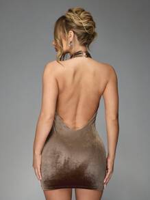MISSGUIDED Velvet Polo Halter Neck Backless Bodycon Mini Dress - Brown - View 2