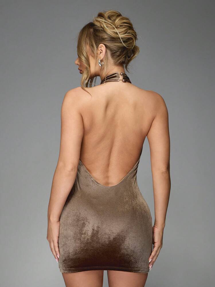 MISSGUIDED Velvet Polo Halter Neck Backless Bodycon Mini Dress