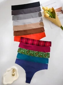 12pcs Assorted Floral Plaid & Solid Seamless Thong Panties, Casual - Multicolor - View 1