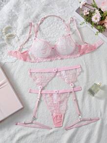 5 件套女士刺绣蕾丝性感内衣套装 - 粉色 - 查看 5