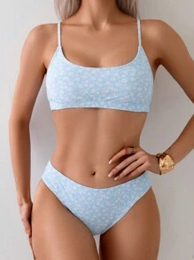 Swim Mod Summer Beach Ditsy Floral Print Bikini Set - Baby Blue - View 1