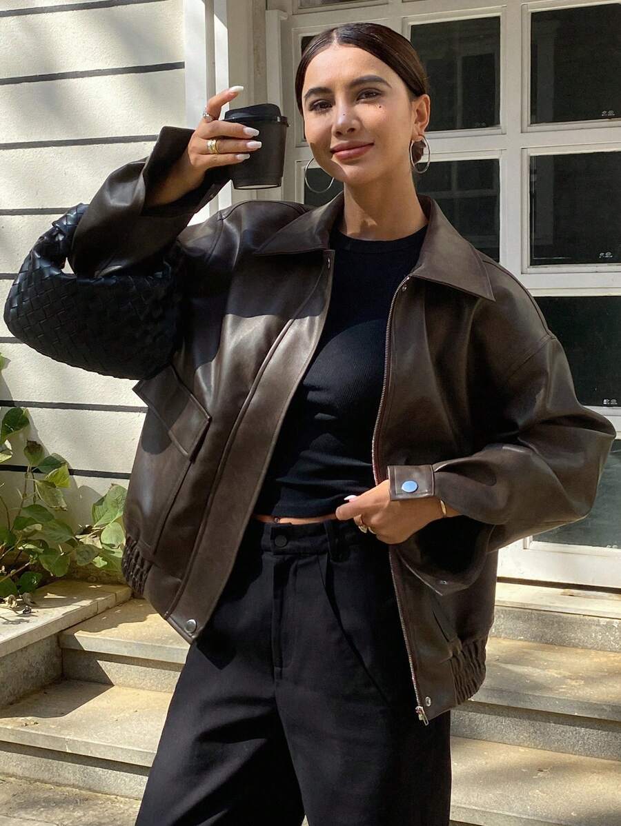 DAZY 秋季新款宽松休闲PU皮女式夹克，秋季女装皮夹克