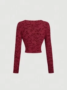 SHEIN MOD Vierkant hals kant splicing rood gevlokt T-shirt, elegant T-shirt, nieuwjaars T-shirt, uitgaans T-shirt, binnen T-shirt,