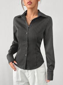 SHEIN EZwear 女士灰色编织条纹长袖单扣休闲衬衫 - 灰色 - 查看 3