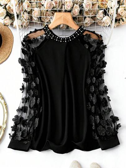 Rometta Plus Size Women Elegant Applique Mesh Splice Rhinestone Decor Raglan Sleeve Top, Autumn Fall Cloth For Women