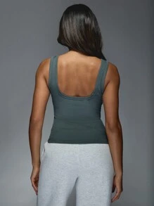 MISSGUIDED Ribbed Tank Top Square Neck Sleeveless Undershirt Athletic Basic Casual Everyday Essential Summer Spring Wear - Dark Grey - View 2