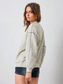 SHEIN EZwear 长袖明线落肩卫衣 - 淺灰色 - 查看 2