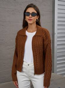 INAWLY Women's Autumn/Winter Turtleneck Zip-Up Retro Ribbed Knitted Cardigan Sweater - Khaki - View 5