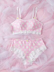 2 pièces/Set Ensemble de lingerie avec patchwork en dentelle et imprimé soleil pour fille
