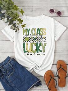 INAWLY St. Patrick's Day Clover Lucky T-Shirt, Checkerboard Font, Suitable For School Season Graphic Tees Women Tops