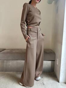 DAZY Solid Color Round Neck Cropped Sweatshirt And Wide Leg Pants 2 Pieces Set For Women,Fall Clothes - Brown - View 3