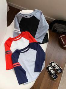SHEIN Set de 3 piezas de jersey de manga larga a rayas de multicolor, estilo universitario informal, adecuado para usar en casa y al aire libre, para niño/niña, otoño/invierno - Multicolor - Ver 5
