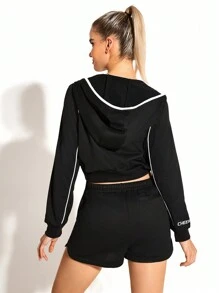 Cheerettes Áo khoác thể thao ngắn có mũ trùm đầu màu sắc đơn giản cho trường học mặc ở trường - màu đen - Xem 2