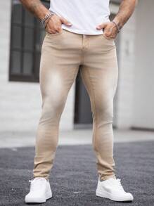 Manfinity Homme 男式口袋紧身休闲百搭卡其色牛仔裤 - 卡其色 - 查看 4