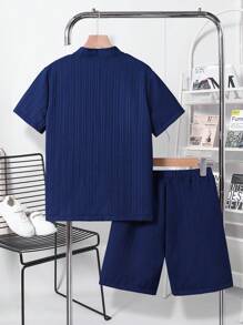 2pcs Teenage Boy Textured Fabric Shirt With Western Stitch Print & Matching Shorts, Spring & Summer Set - Dark Wash - View 2