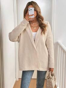 SHEIN Frenchy Simple Solid Color Hooded Cardigan, Casual Daily Wear - Apricot - View 6
