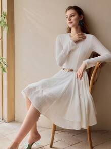 MOTF LONG SLEEVE TEXTURED ZIPPER BACK MIDI DRESS,SPRING/SUMMER - White - View 4