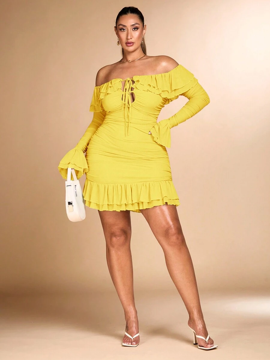 SHEIN BAE Plus Size Women Romantic Sweet Party Bodycon Ruffled Off-Shoulder Mini Dress - Yellow - View 1