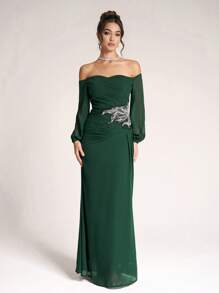 SHEIN Belle Váy dạ hội cao cấp trễ vai mới, hở vai, đuôi cá - Màu xanh lá cây đậm - Xem 1