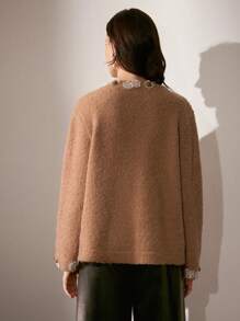 Anewsta Elegant Loose Floral Pocket Cardigan, High Quality Sophisticated Style Women Outfit For New Year
