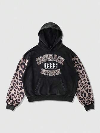 Street Life Sudadera con capucha de forro polar de ajuste holgado con estampado de leopardo y parches para hombres, ideal para otoño/invierno