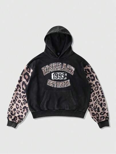 Street Life Men's Leopard Print Patchwork Fleece Hoodie, Casual Loose Fit For Autumn/Winter