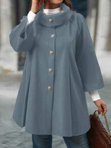 SHEIN LUNE Plus Size Solid Color Woven Loose Black With Metal Buckle Stand Collar, Fashionable - Blue - View 5