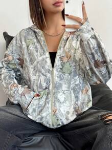 SHEIN Sudadera con capucha y bolsillo con estampado de ramitas verdes para adolescentes, sudadera de moda de con estampado all-over
