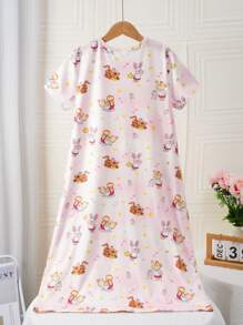 SHEIN Tween Girls' Cute Rabbit & Tiger Animal Print Short Sleeve Nightgown - White - View 2