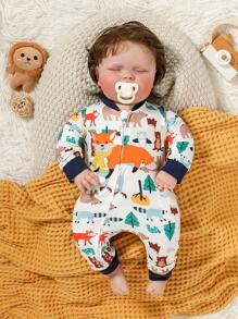 SHEIN Baby Boy Cartoon Fox Print Zipper Long Sleeve Jumpsuit, Spring/Autumn - Multicolor - View 1
