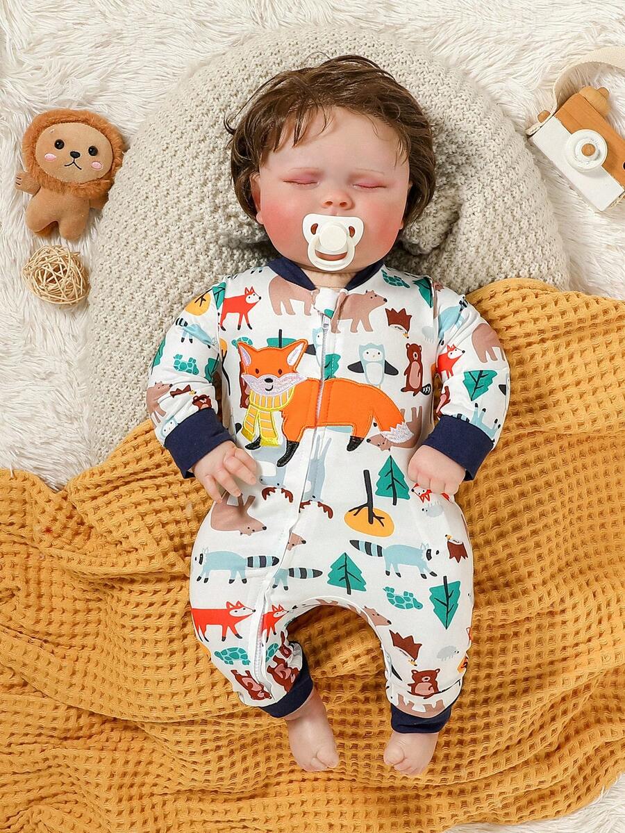 SHEIN Baby Boy Cartoon Fox Print Zipper Long Sleeve Jumpsuit, Spring/Autumn - Multicolor - View 1