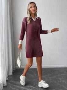 SHEIN LUNE 2024 Autumn/Winter Women Striped Polo Collar Split Knitted Straight Casual Dress Fall Cloth For Women - Burgundy - View 5