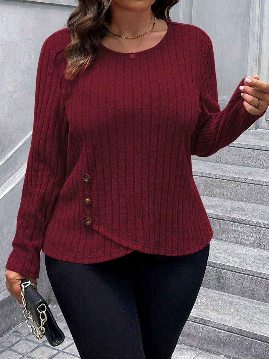 SHEIN LUNE Plus Size Women Solid Color Round Neck Criss-Cross Ribbed Textured Long Sleeve T-Shirt Fall Cloth For Women - Burgundy - View 1