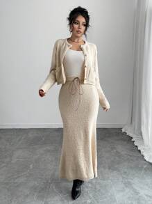 Calvaya Conjunto de 2 piezas de falda larga de unicolor con cordón y suéter de punto para mujer, otoño/invierno
