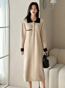 DAZY 女式高领长袖拼色长款毛衣连衣裙，秋冬款 - 杏色 - 查看 5
