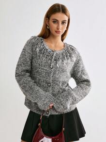 Enchnt Women's Casual Blended Fringe Trim Cardigan, Autumn/Winter