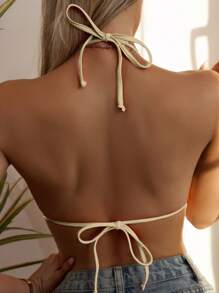 SHEIN Swim 吊脖三角杯比基尼上衣 - 杏色 - 查看 2