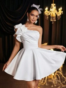 SHEIN Belle Elegant Luxurious One Shoulder Ruffle Asymmetric Dress With Tie Back, Suitable For Wedding, Party, Vacation, Bridal, Gift, Bridal Shower Dress,Bride