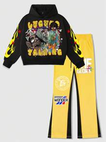 ROMWE MEN Street Life Men's Cartoon Letter Printed Hooded Sweatshirt And Contrast Panel Sweatpants Set, Street Style - Yellow - View 1