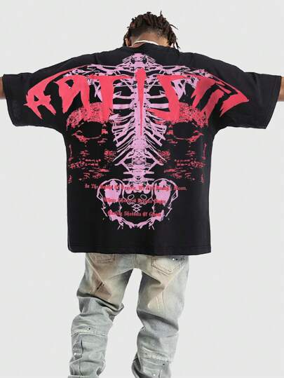 ROMWE Avant Men's Fashion Skull Logo Printed T-Shirt, Summer, 2000s Style