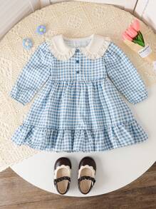 SHEIN Baby Girl Chic Long Sleeve Ruffled Collar Plaid Pattern Princess Dress, Autumn - Blue - View 1