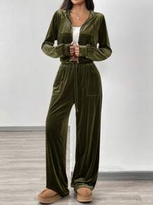 SHEIN EZwear Set de 2 piezas compuesto por chaqueta con capucha con cremallera de terciopelo de punto verde y pantalones con cordón para mujer