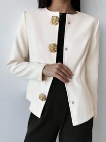 Firerie Nueva chaqueta de estilo elegante y sofisticado para oficina de otoño/invierno, color beige con botones metálicos en el cuello
