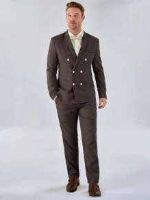 Mainfolk Men's Woven Double-Breasted Suit Jacket And Pants Set - Brown - View 4