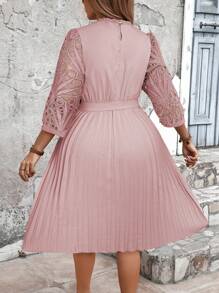 Celure Plus Size Elegant Solid Color Lace Patchwork Pleated Hem Dress, Autumn Modest Party Dressold Rose Dressshein Dress Elegantpink Winter Dress - Rusty Rose - View 2