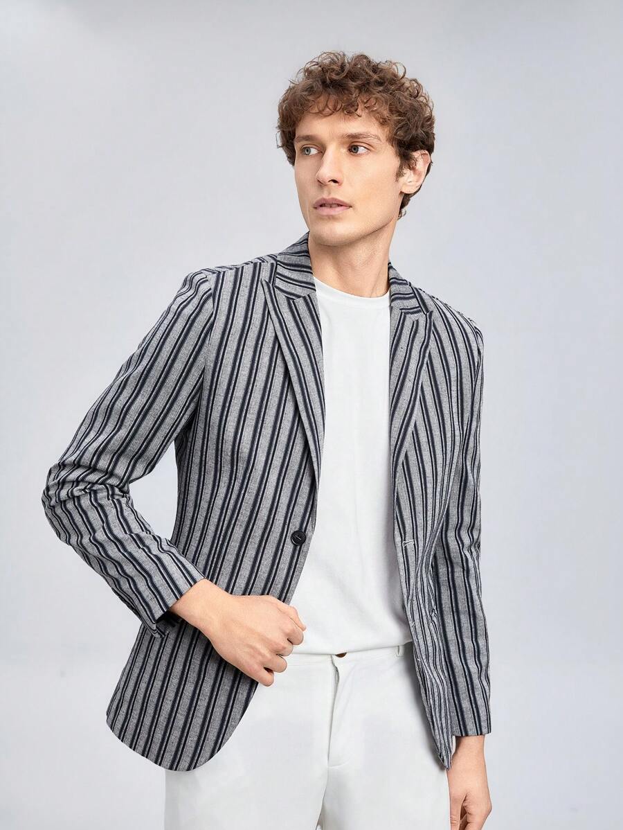 Manfinity VCAY Men's Woven Striped Long Sleeve Slim Fit Business Casual Suit Jacket, Suitable For Office And Spring/Fall Season - Multicolor - View 1