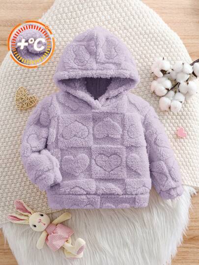 女婴可爱蓬松纯色心形图案连帽运动衫，秋冬季