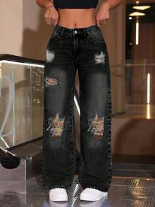 Quần jeans ống đứng dáng rộng phong cách cổ điển dành cho nữ - màu đen - Xem 5